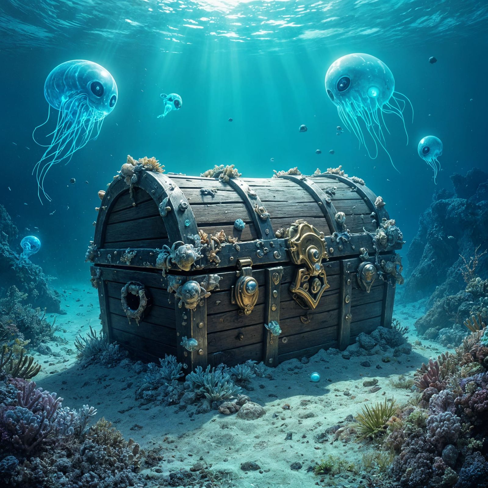 Bioluminescent Treasure Chest in Cosmic Ocean