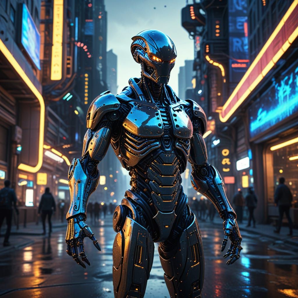 Cyborg Alien Walks Through Futuristic Space City in Neon-Lit...