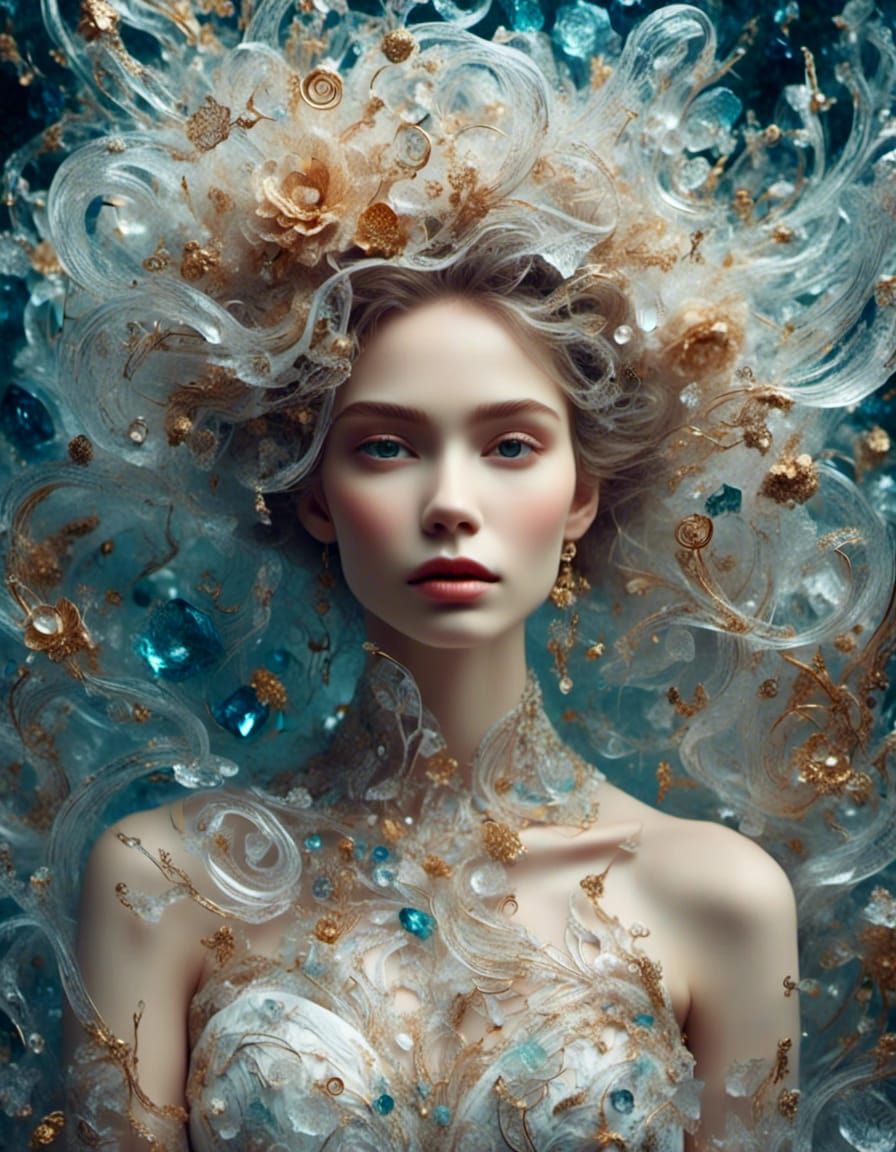 Hyperrealistic Bride in White Dress with Collage Elements