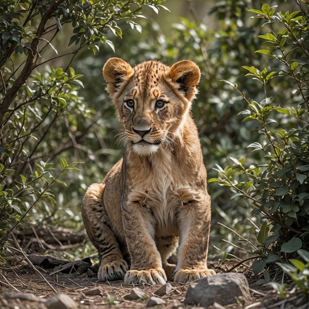 Cute Lion Cub Under Bush: HDR Photography