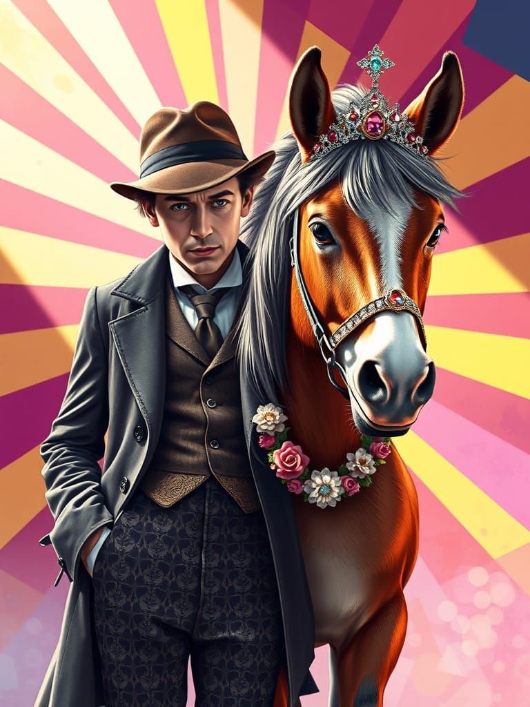 Sherlock Holmes and Whimsical Shetland Pony in Vibrant Victo...