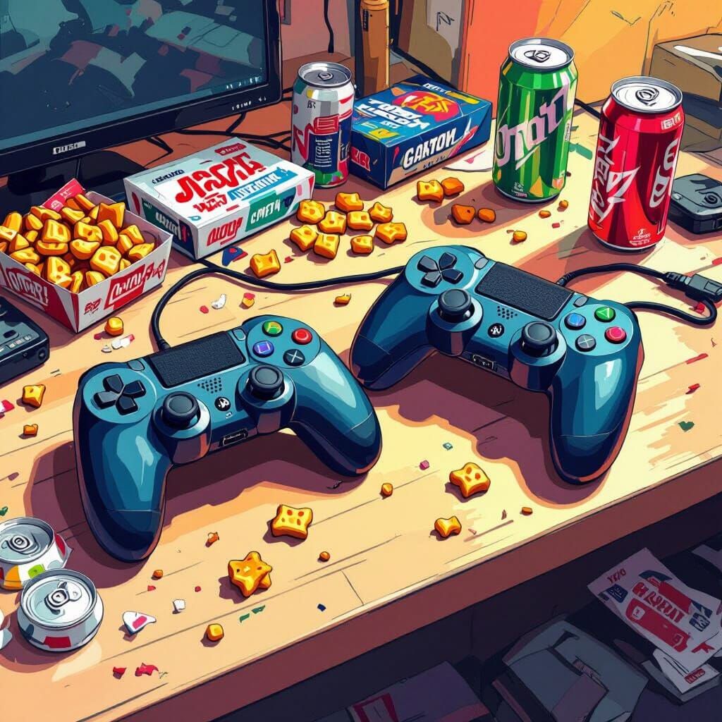 Game Controllers on Cluttered Desk in Concept Art Style