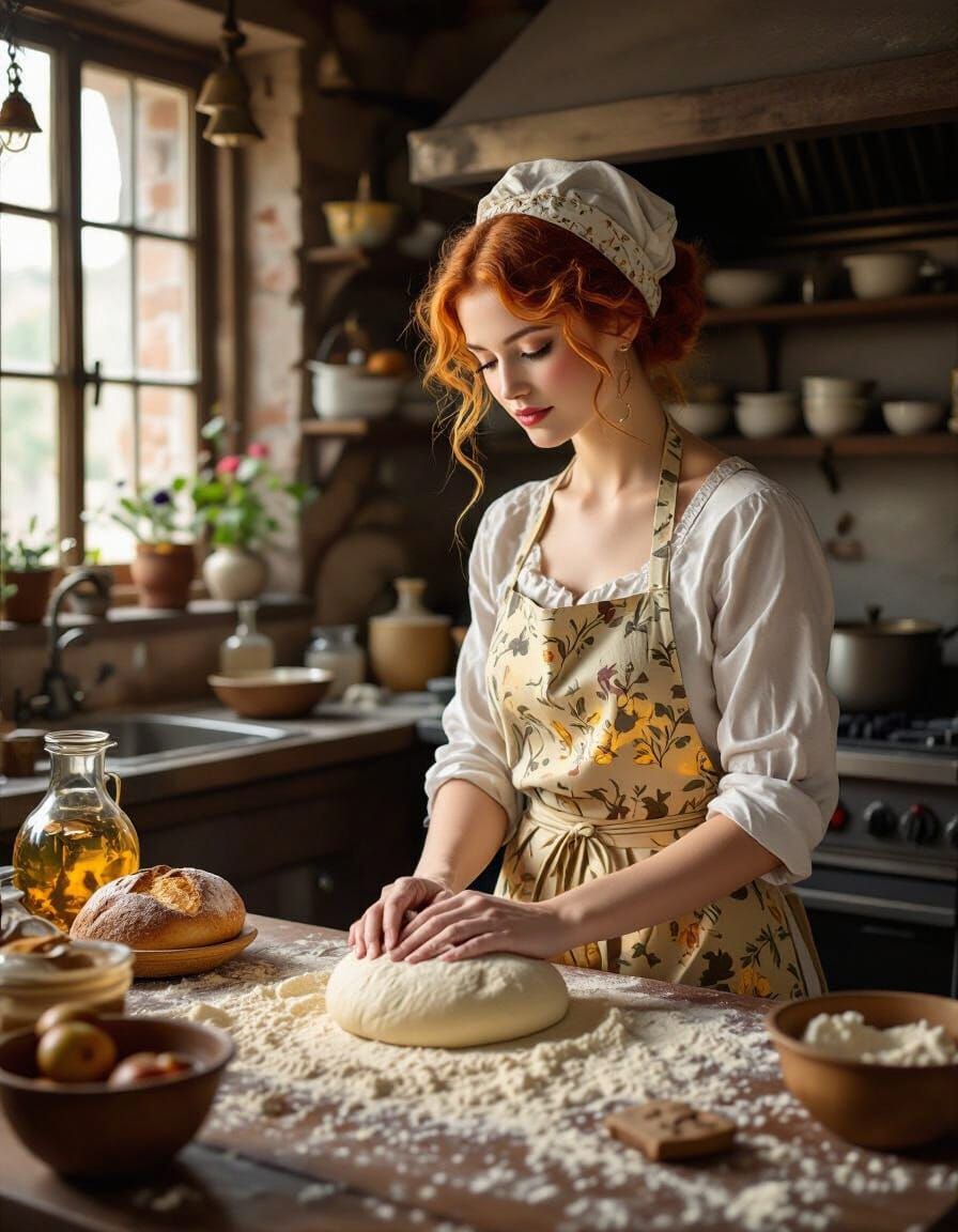 Redhead Baker Kneading Dough in Enchanted Kitchen