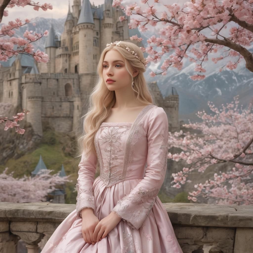 Dreamy Medieval Princess with Castle and Cherry Blossoms