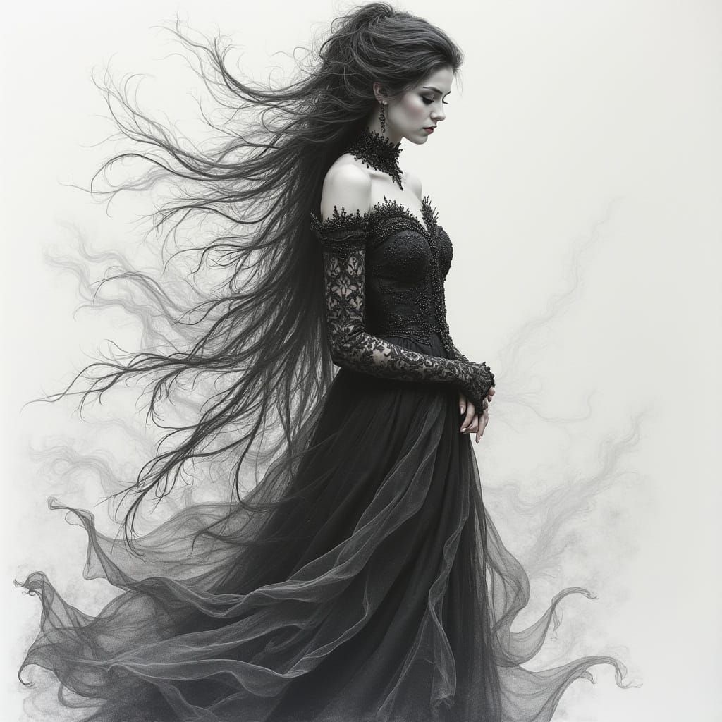 Elegant Charcoal Drawing of a Mysterious Figure