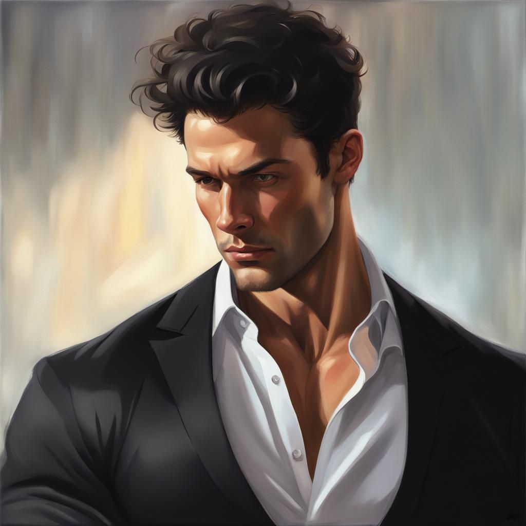 Handsome, muscular man. He has dark short wavy hair. He is clean shaven. He is wearing a tight black button long sleeve ...