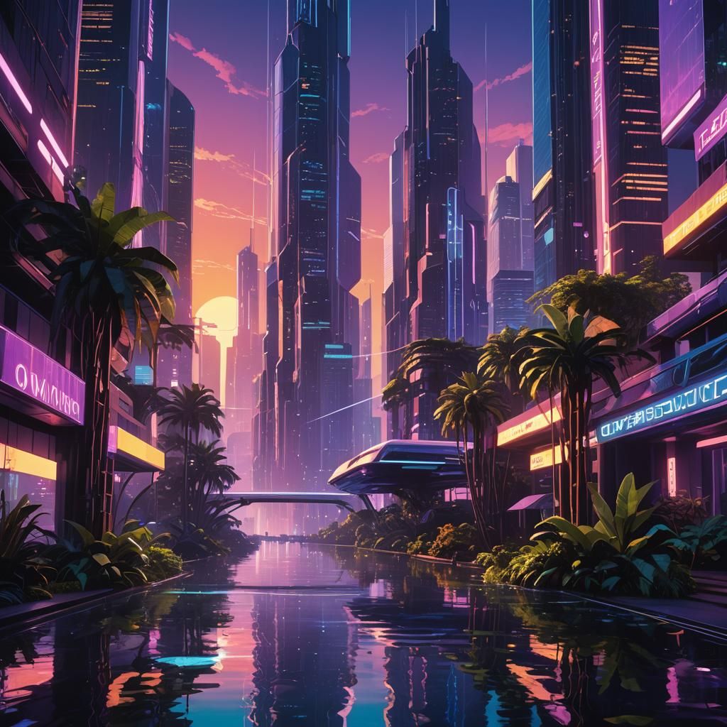 Futuristic Cityscape with Neon Reflections and Lush Plants