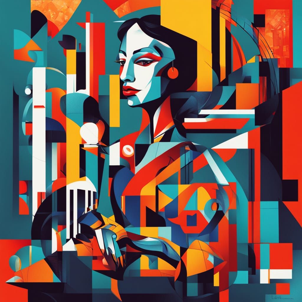 Vibrant Cubist Goddess with Bold Geometric Lines