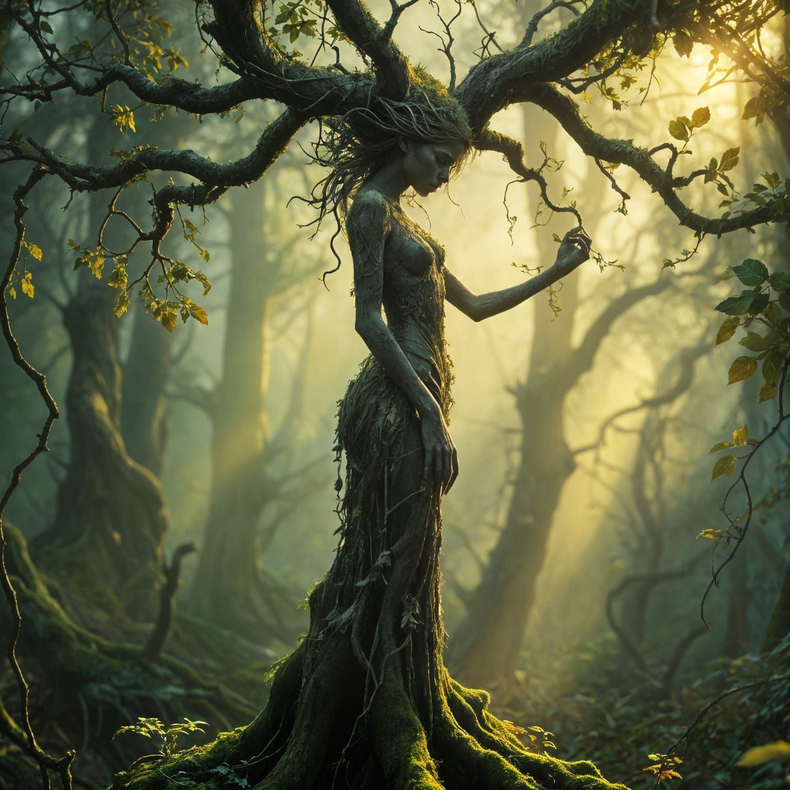 Ethereal Tree Sprite in Whimsical Forest Landscape
