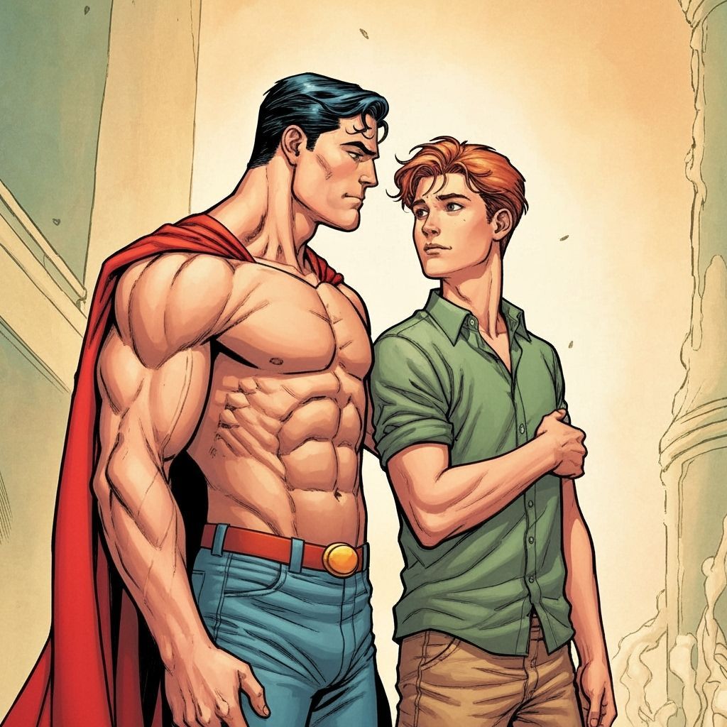 Comic Book Kiss: Muscular Hero, Auburn-Haired Friend