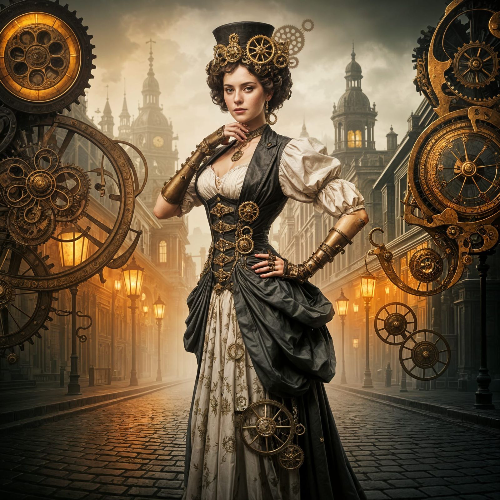 Steampunk Beauty in Victorian Cityscape