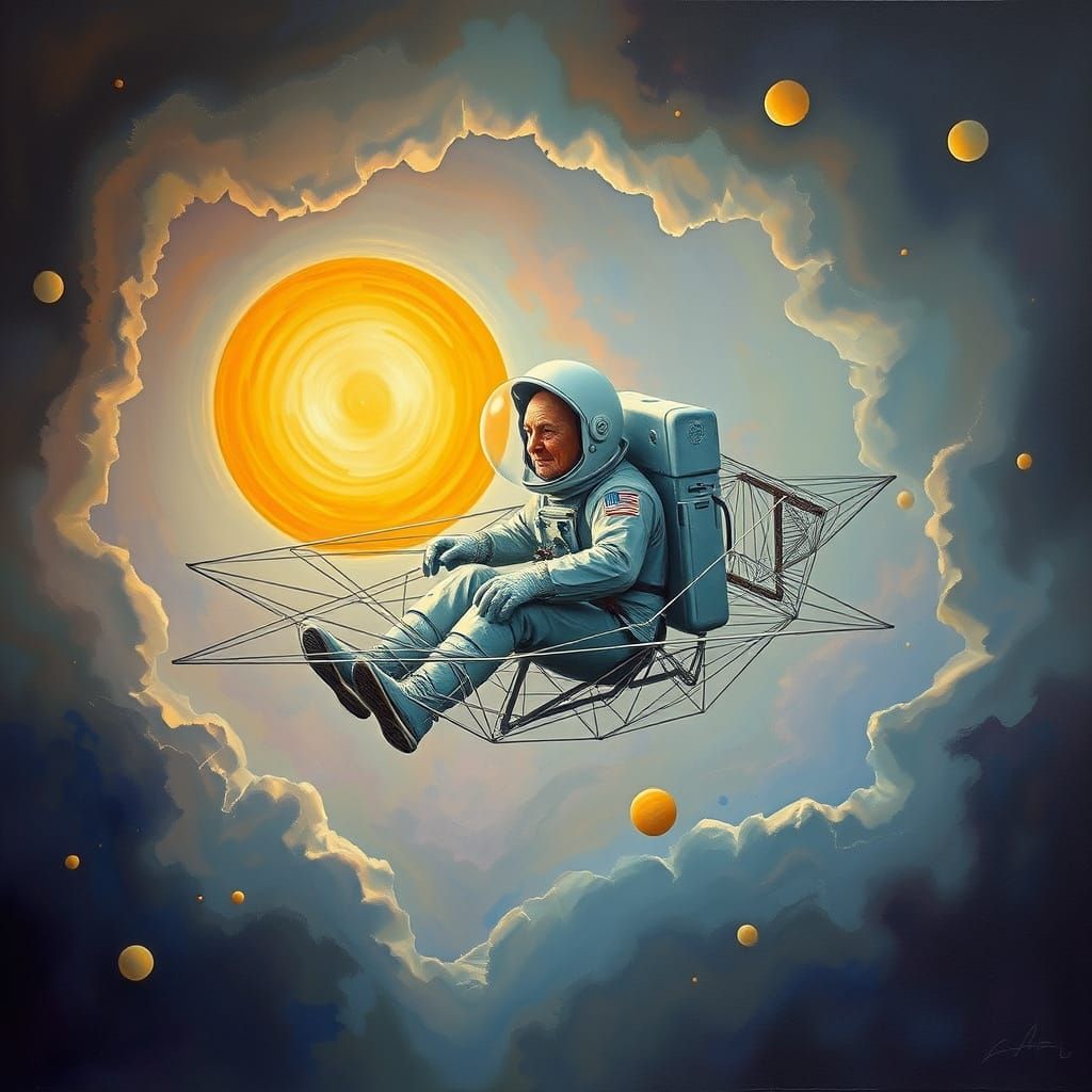 Elderly Astronaut in Surreal Interstellar Journey