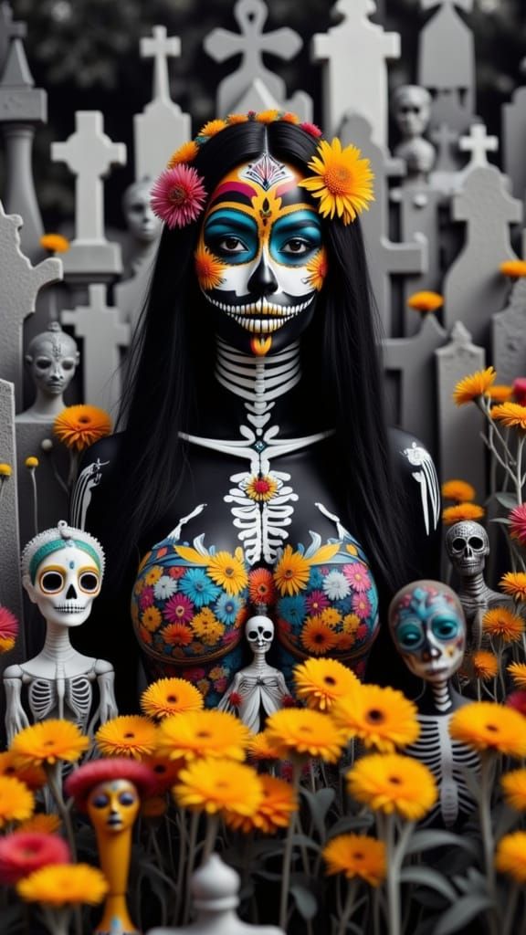 Día de los Muertos Woman Before Ofrenda, Vibrant Face Paint