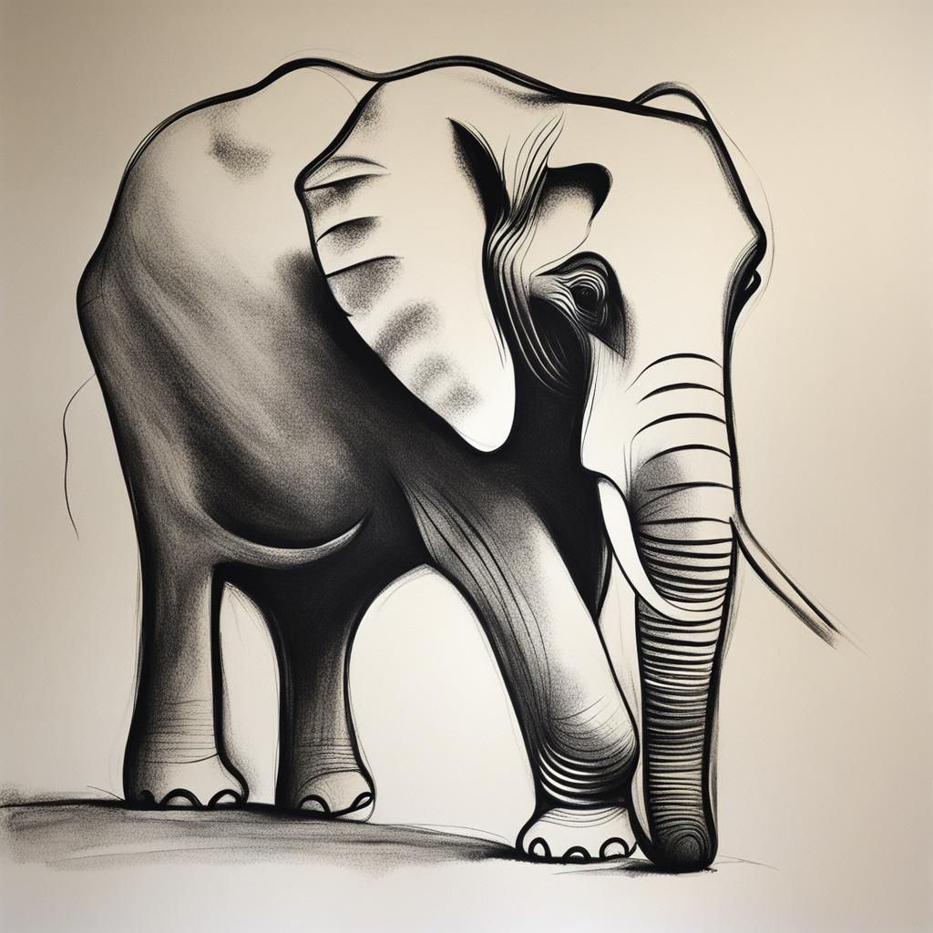 Minimalist Elephant Charcoal Drawing in Naive Art Style