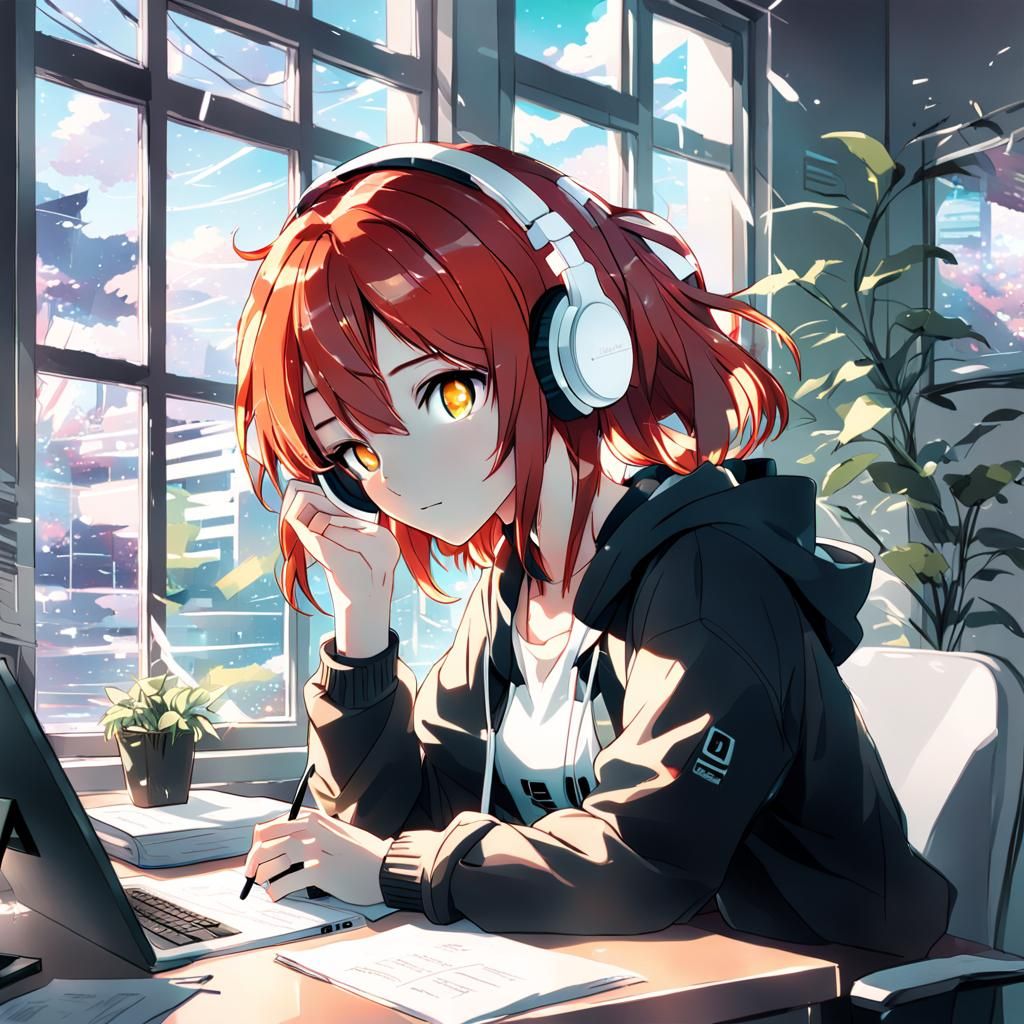 Girl Studying: Glitchcore Anime Splash Art