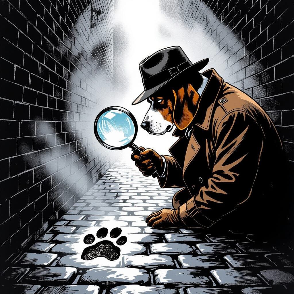 Basset Hound Detective in Foggy Noir Alley