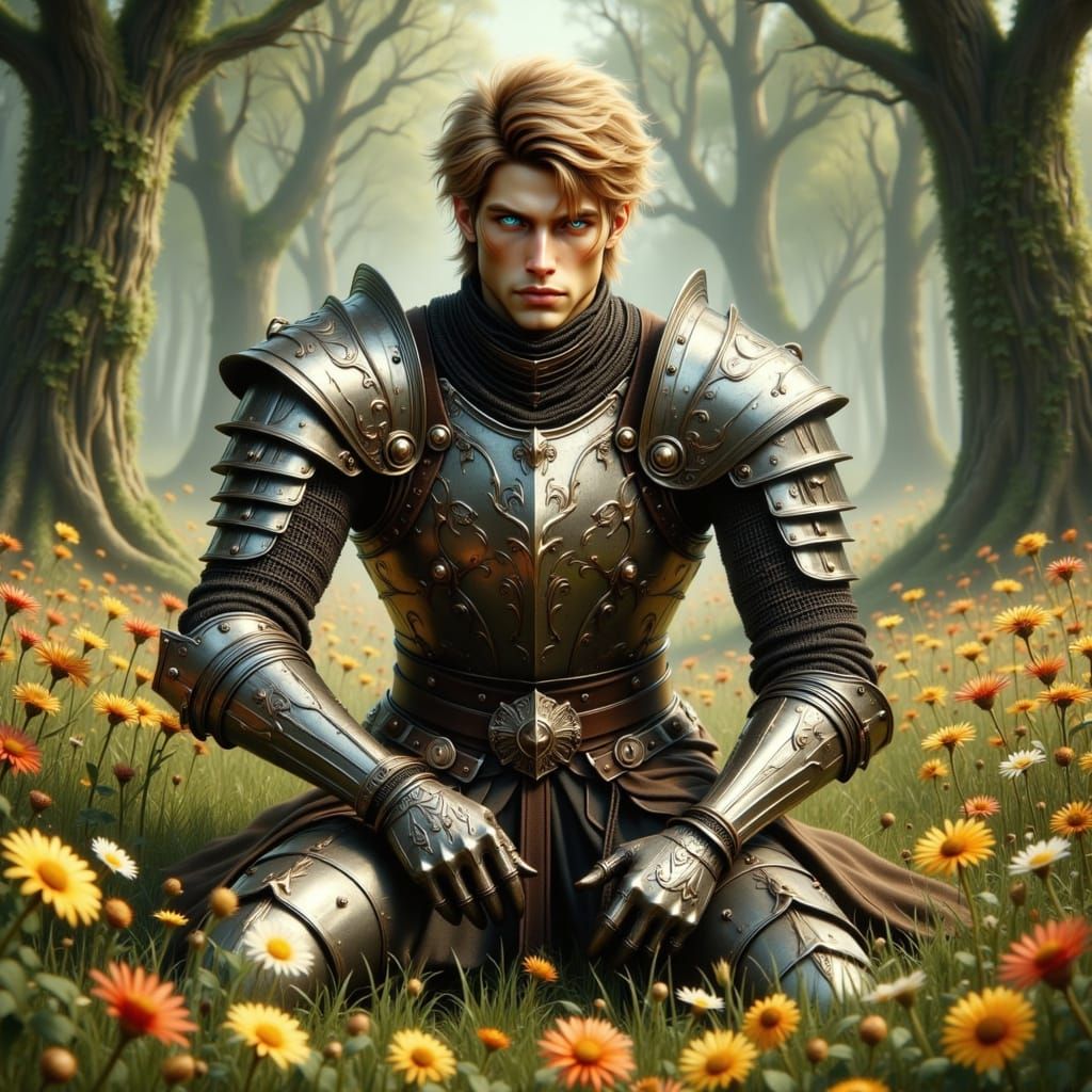 Kneeling Knight in Silver Armor, Hyperrealistic Gothic Art