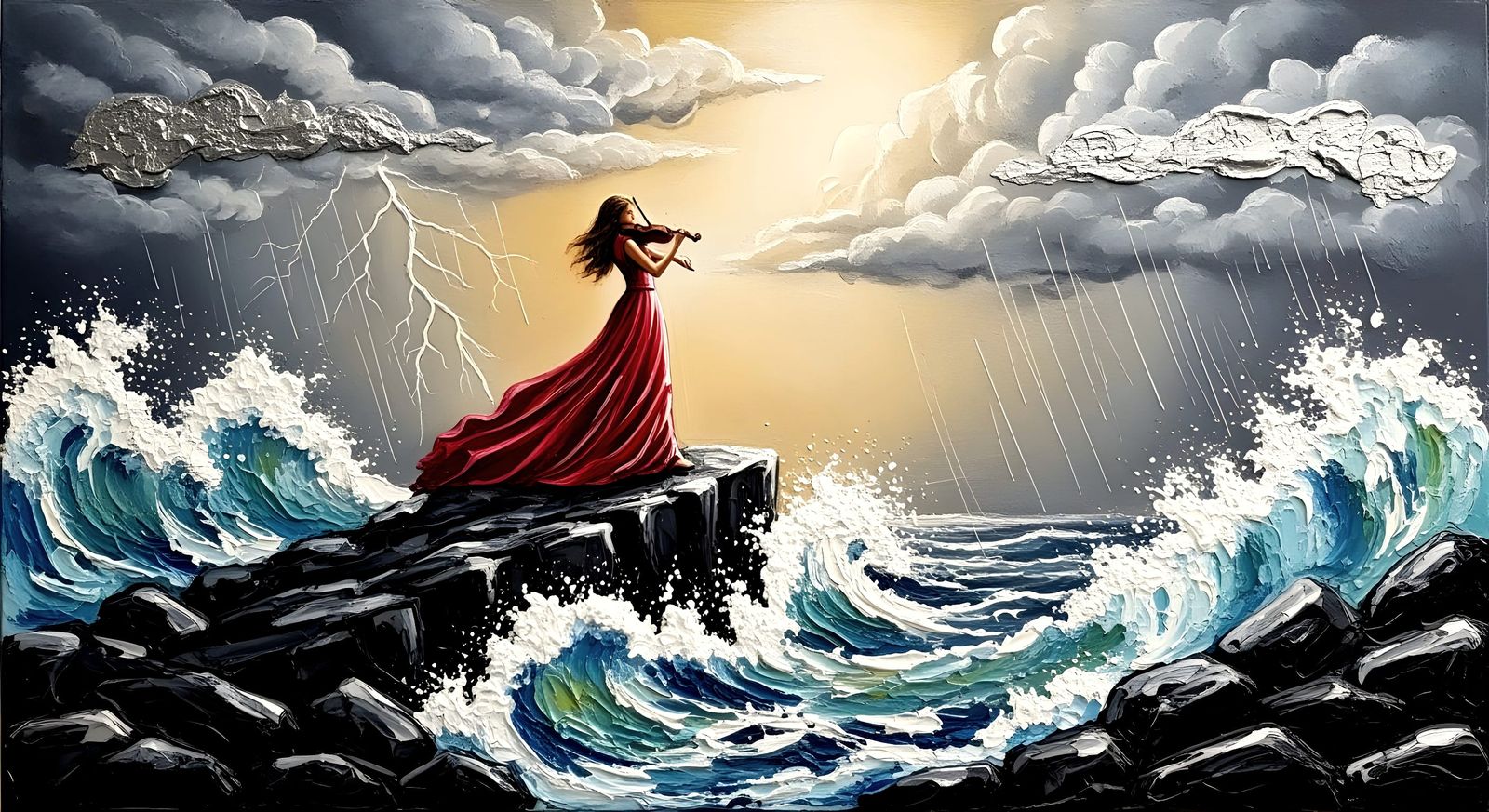 Woman Violinist on Stormy Seascape in Mixed-Media Painting S...
