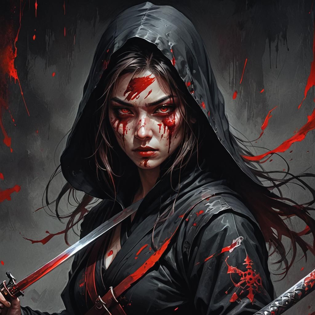 Blood-Soaked Ninja with Red Sword: Dark Fantasy Art