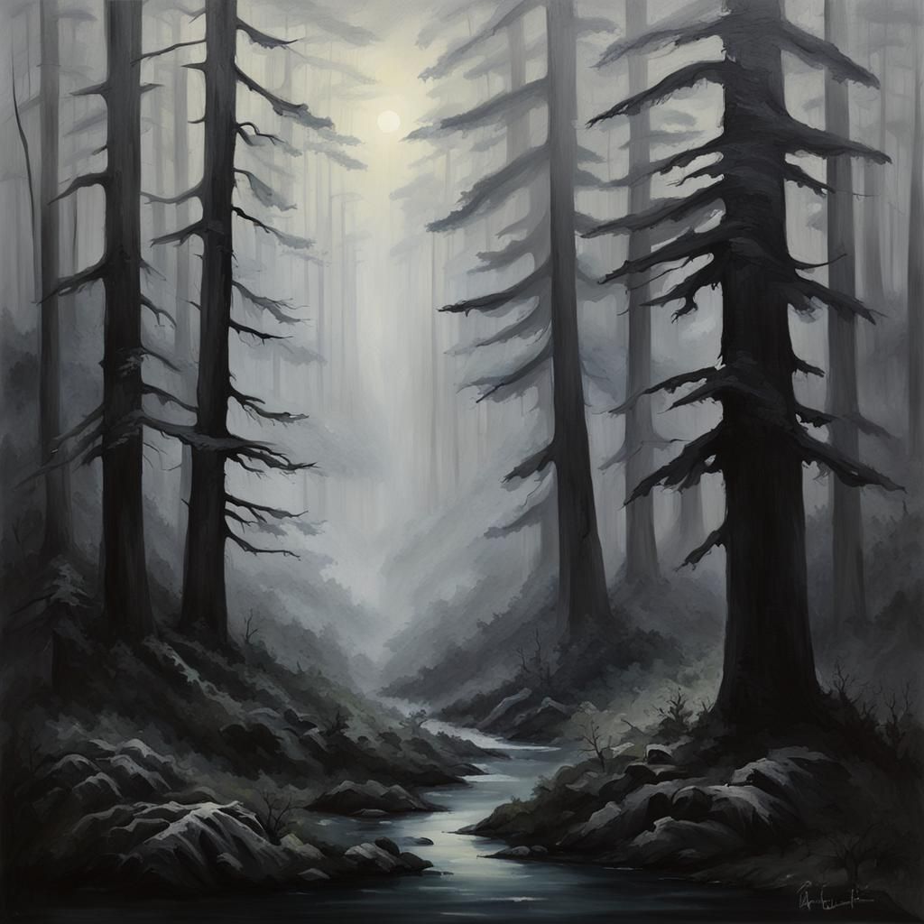 Eerie Dark Forest Painting with Fog