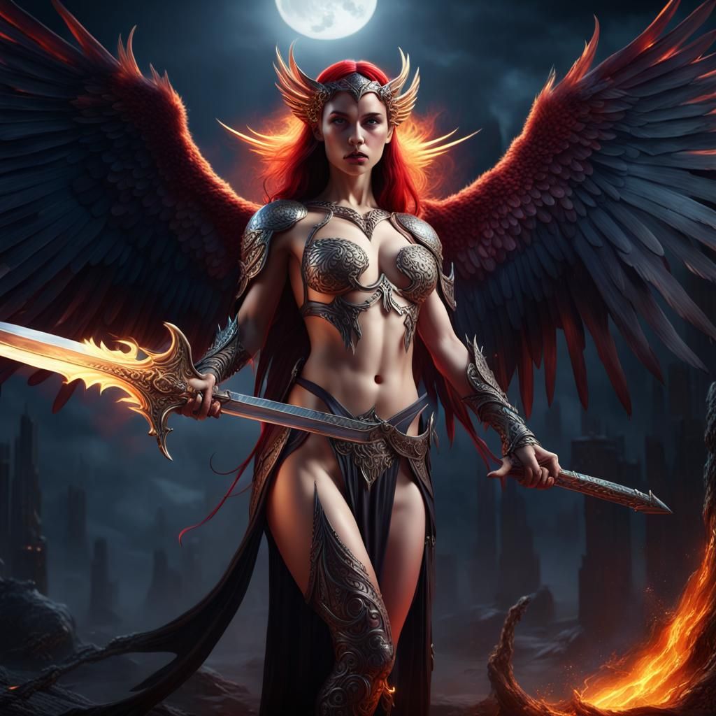Erotic Dark Angel Phoenix Elf in Moonlight