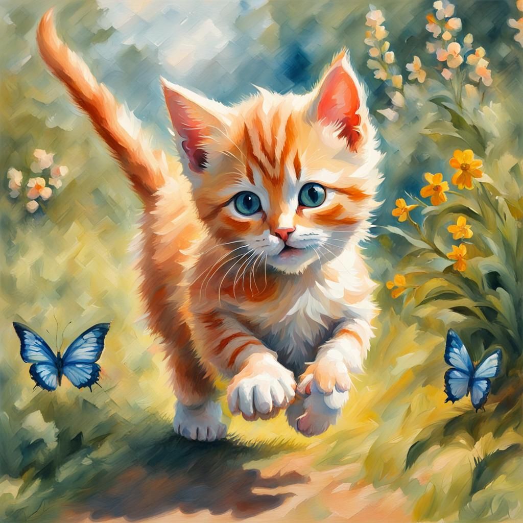 Kitten's Butterfly Chase: An Impressionist Gouache Masterpie...