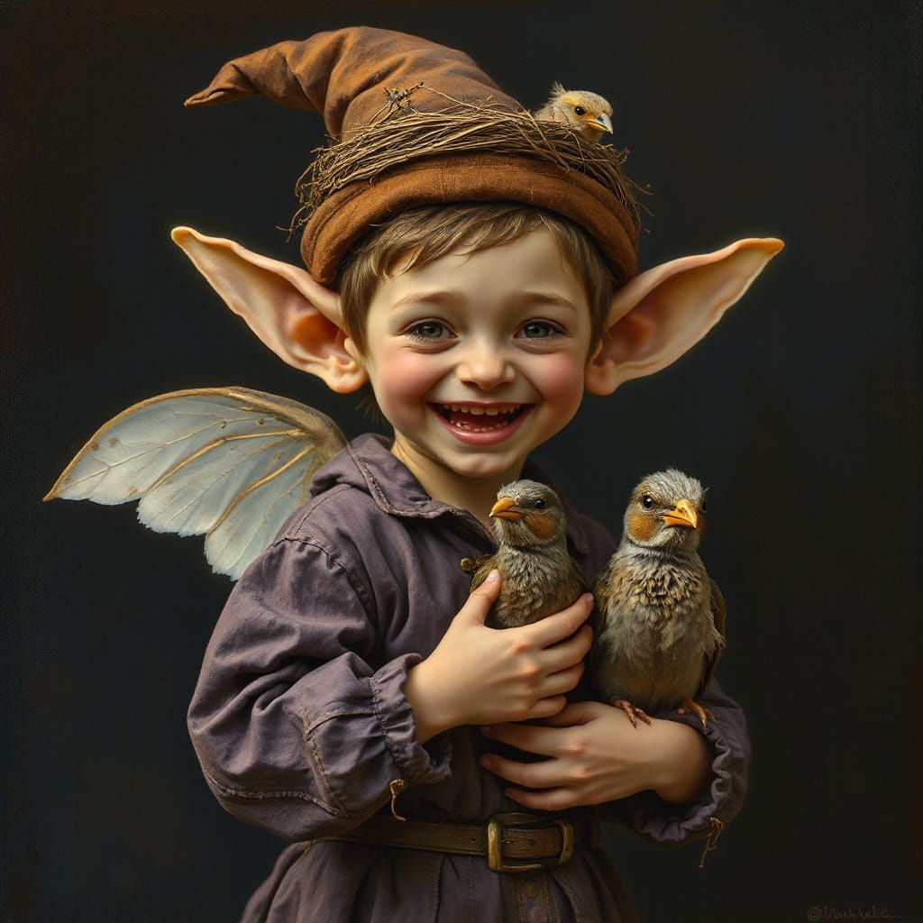 Art Nouveau Elf Oil Painting With Birds