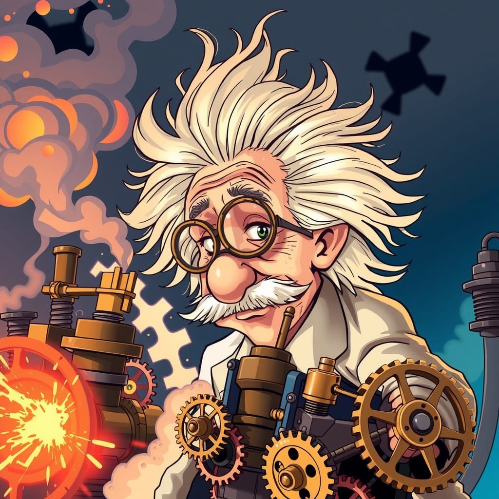Einstein Caricature Tinkering With Steampunk Contraption