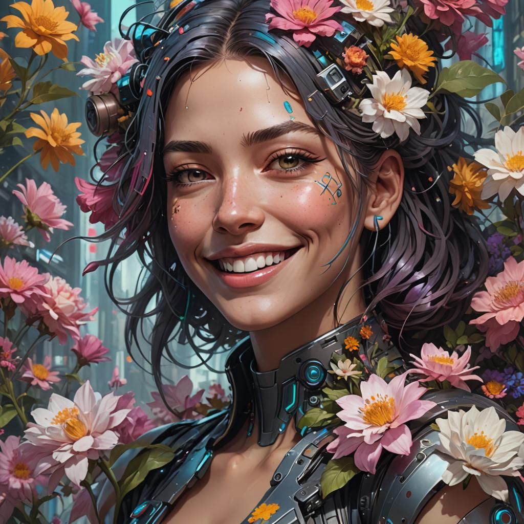 Smiling Cyberpunk Portrait with Flowers, Detailed Digital Ar...