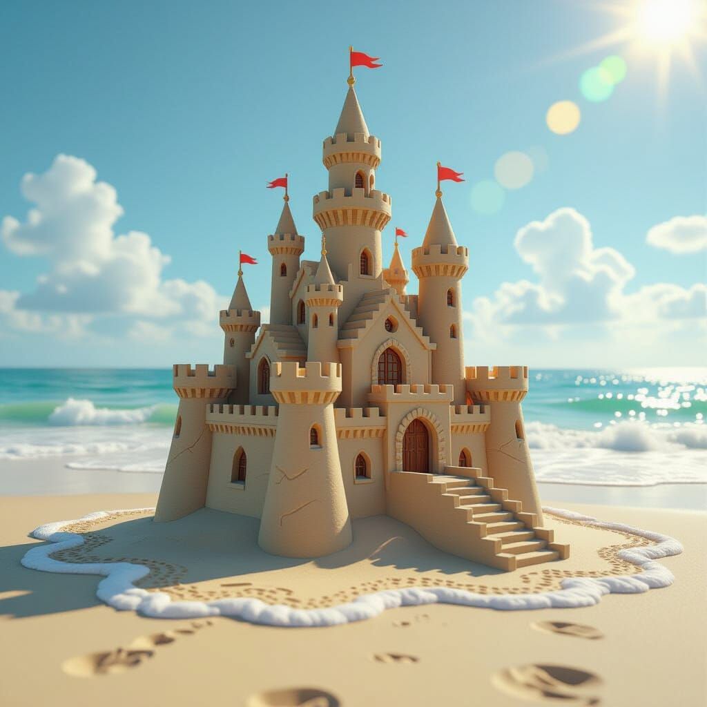 Intricate 3D Sand Castle on Sunny Beach