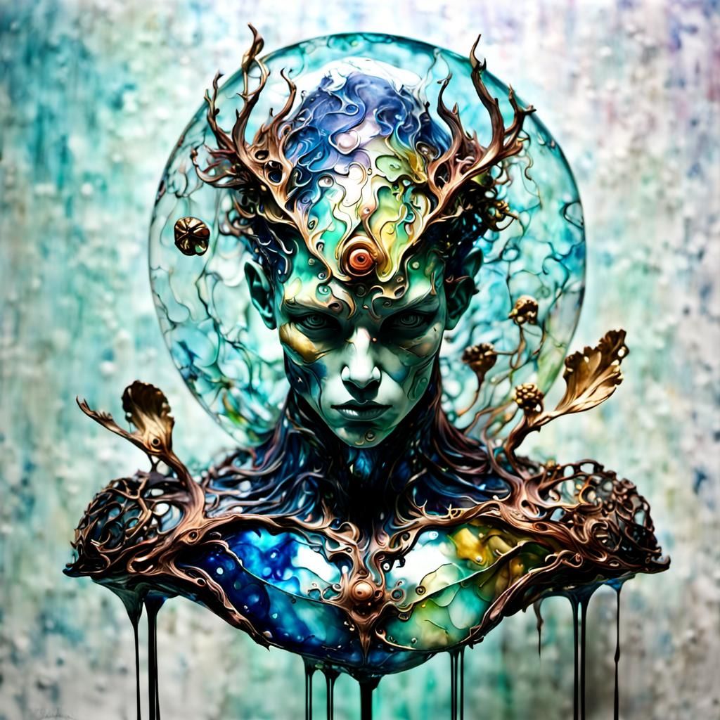 Surreal Metallic Sculpture with Watercolor Overlay