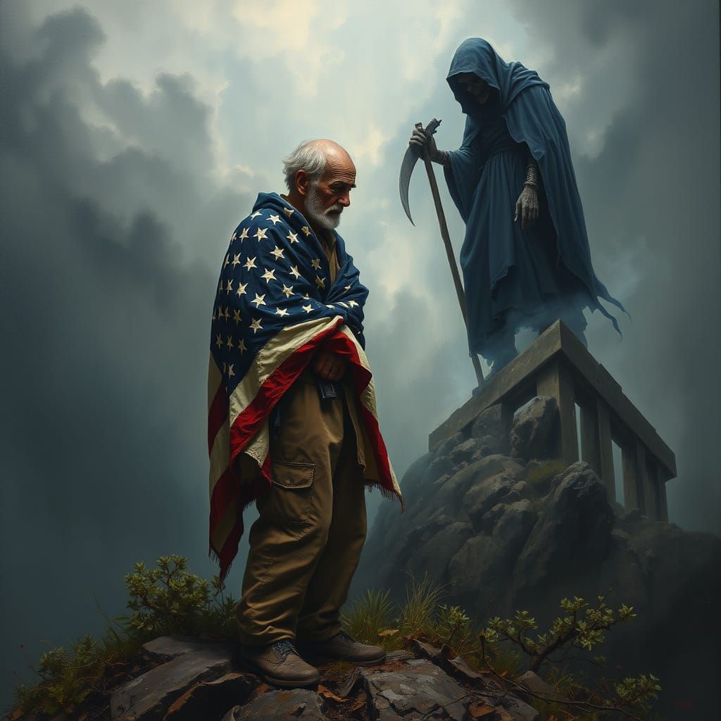 Old Man and Grim Reaper in Hyperrealistic Oil Painting