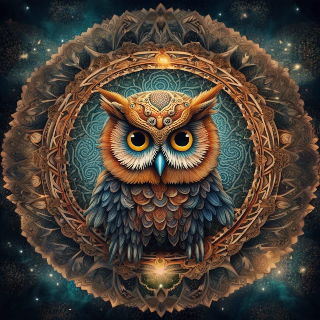 Intricate Owl Mandala with Twinkling Stars