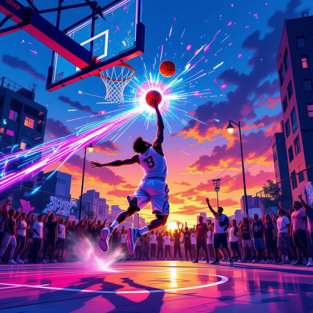 Futuristic Basketball Slam Dunk at Sunset