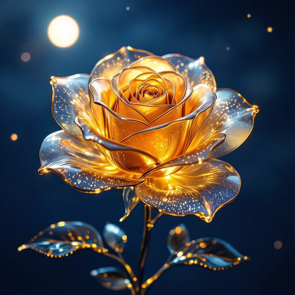 Golden Glass Rose Shimmers in Ethereal Moonlight