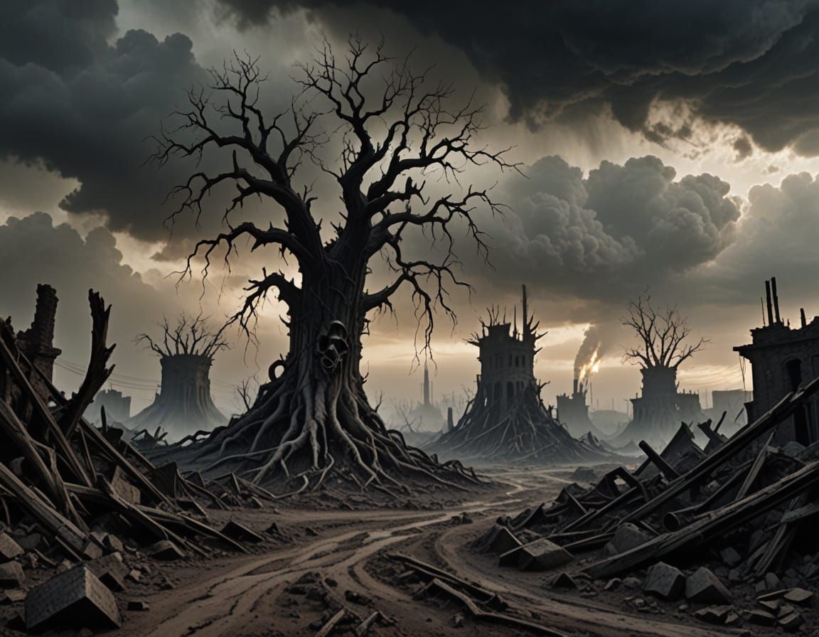 Dark Fantasy Wasteland with Twisted Tree Roots