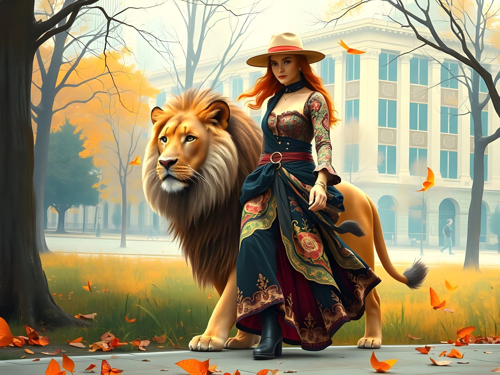 Surreal Bohemian Lady Strolls with Lion in a Dreamlike Centr...