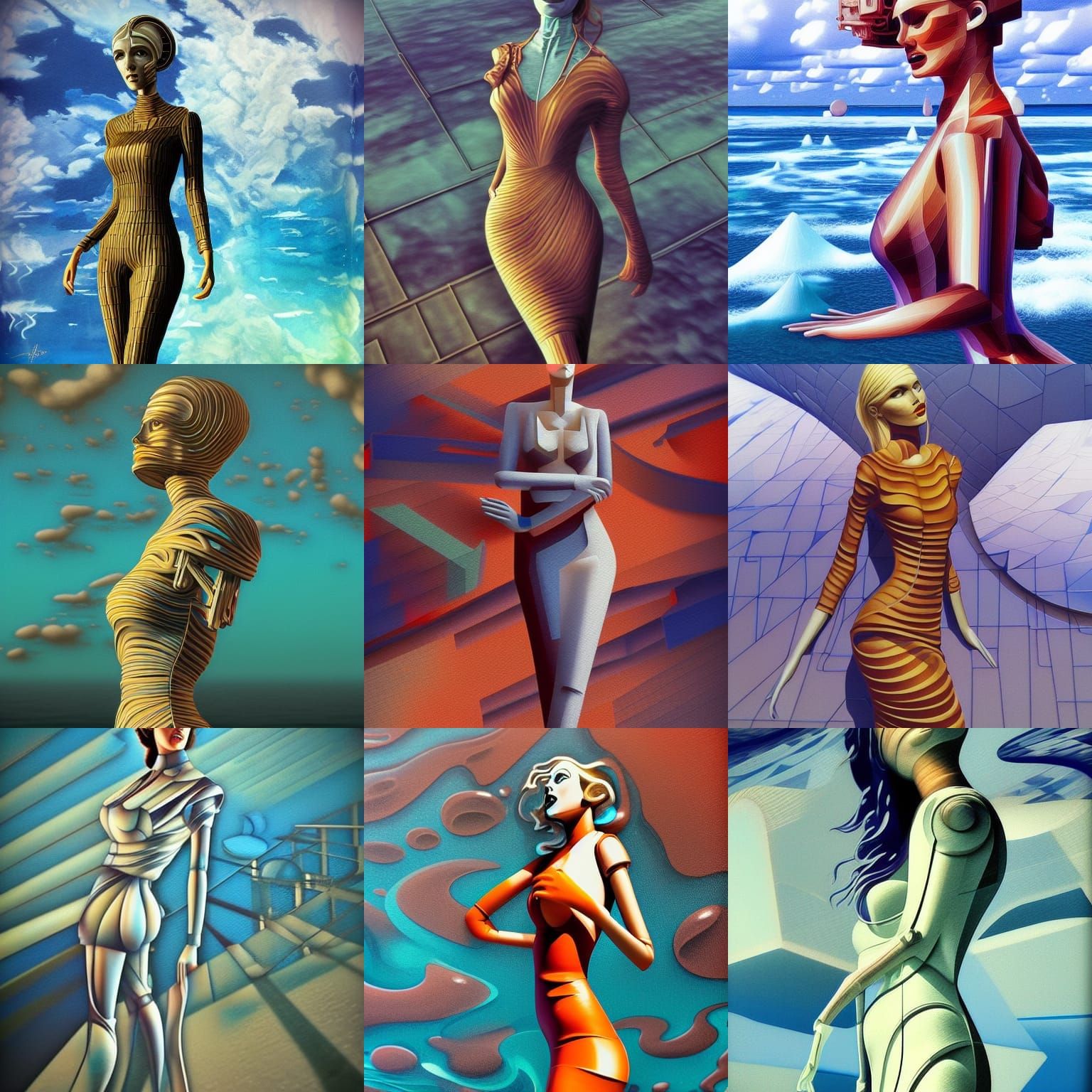 A beautiful realistic ai woman beautiful hot and tall full body dress pantsuit on water Bernie Wrightson James Gurney gr...