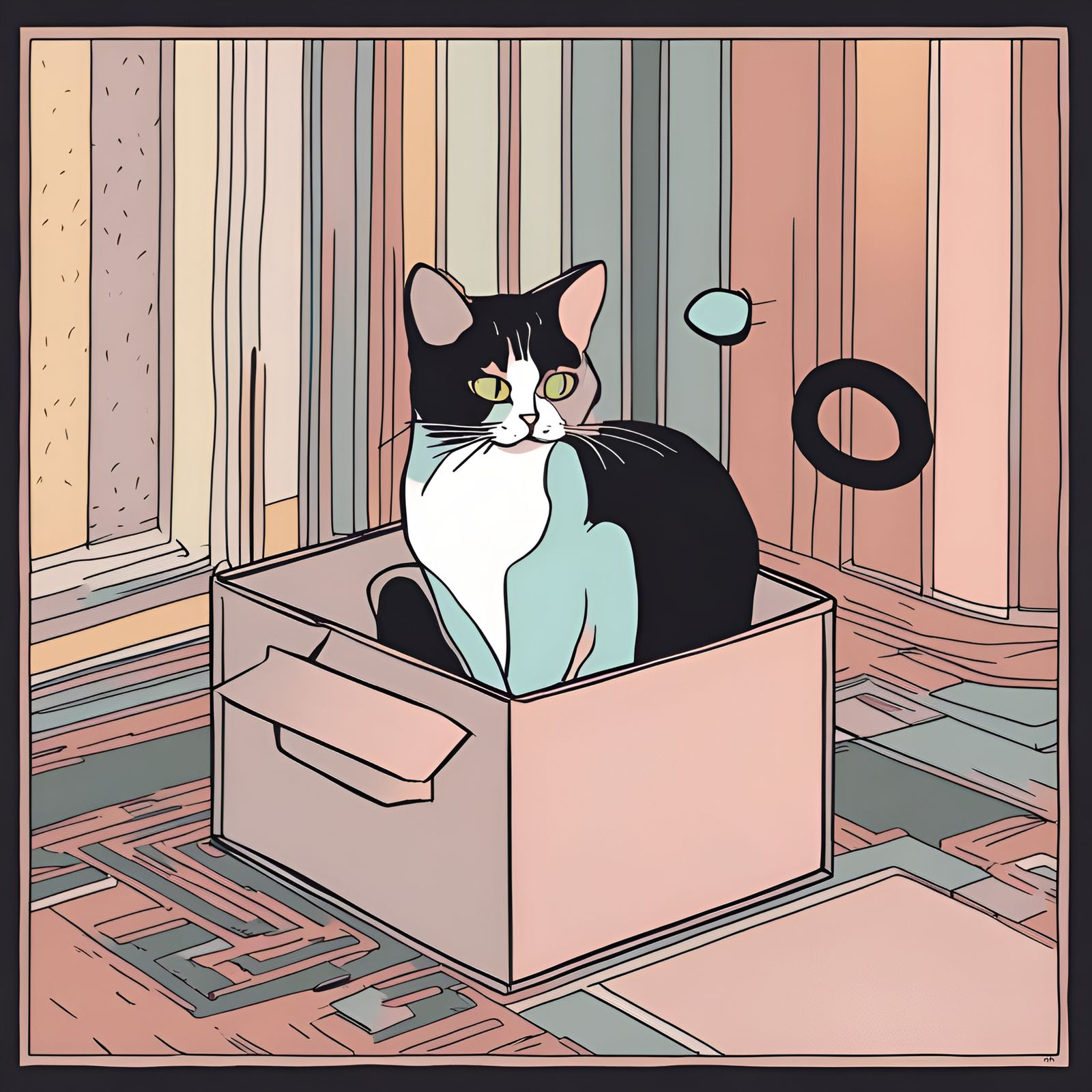 Cute Cat in a Box: Pastel Digital Line Art