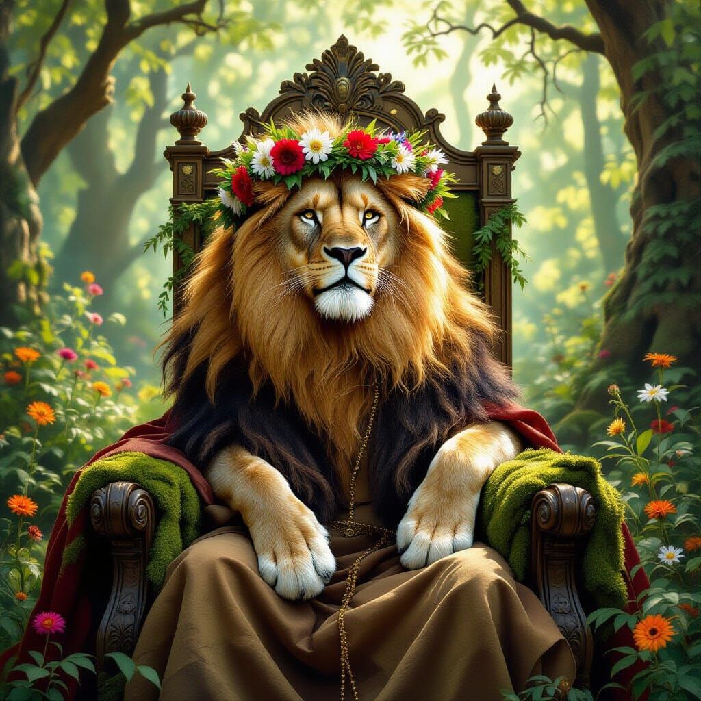 Regal Lion King on Forest Throne in Pre-Raphaelite Style