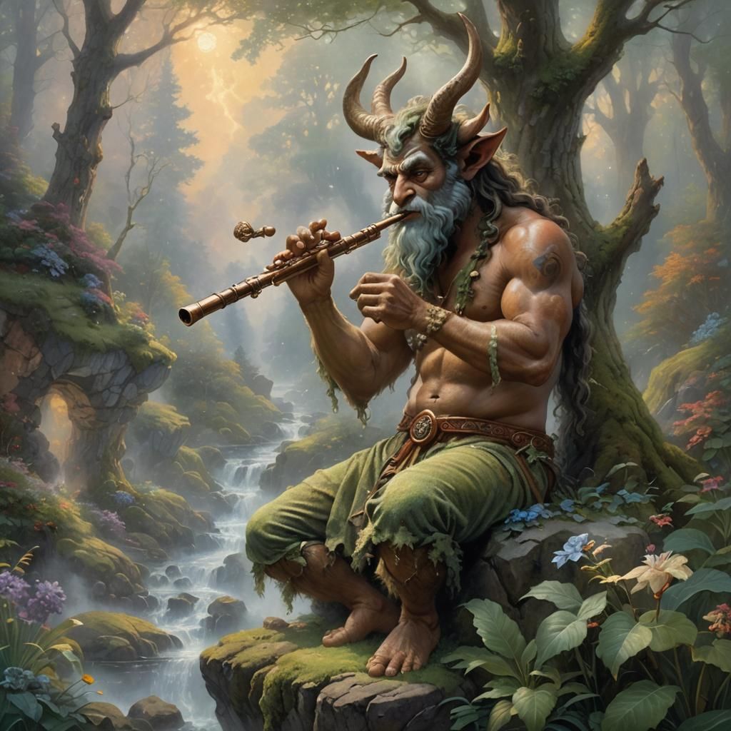 Satyr Playing Flute in Ethereal Fantasy Style