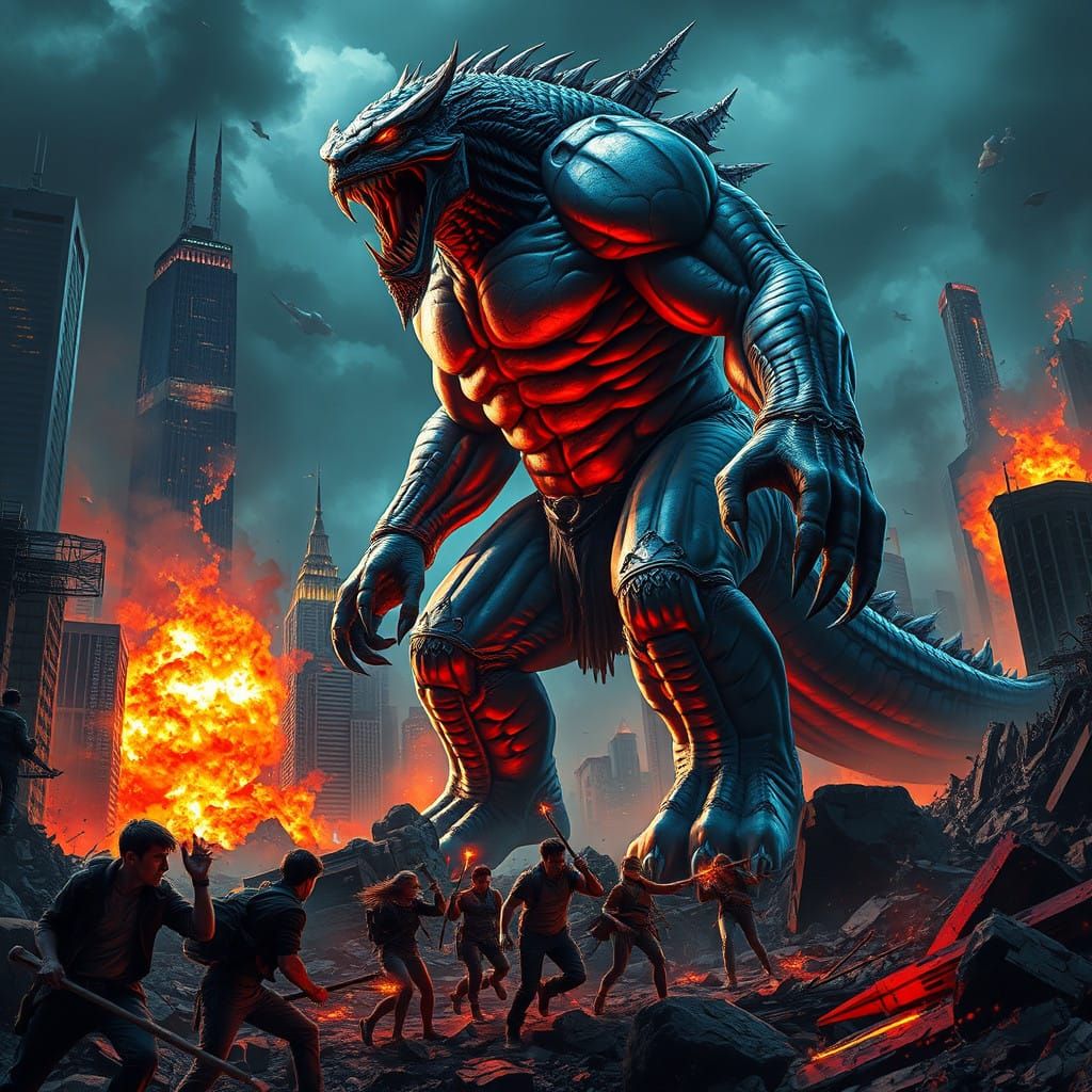 Surreal Creature Battles Humans in a Ruined Cityscape with N...