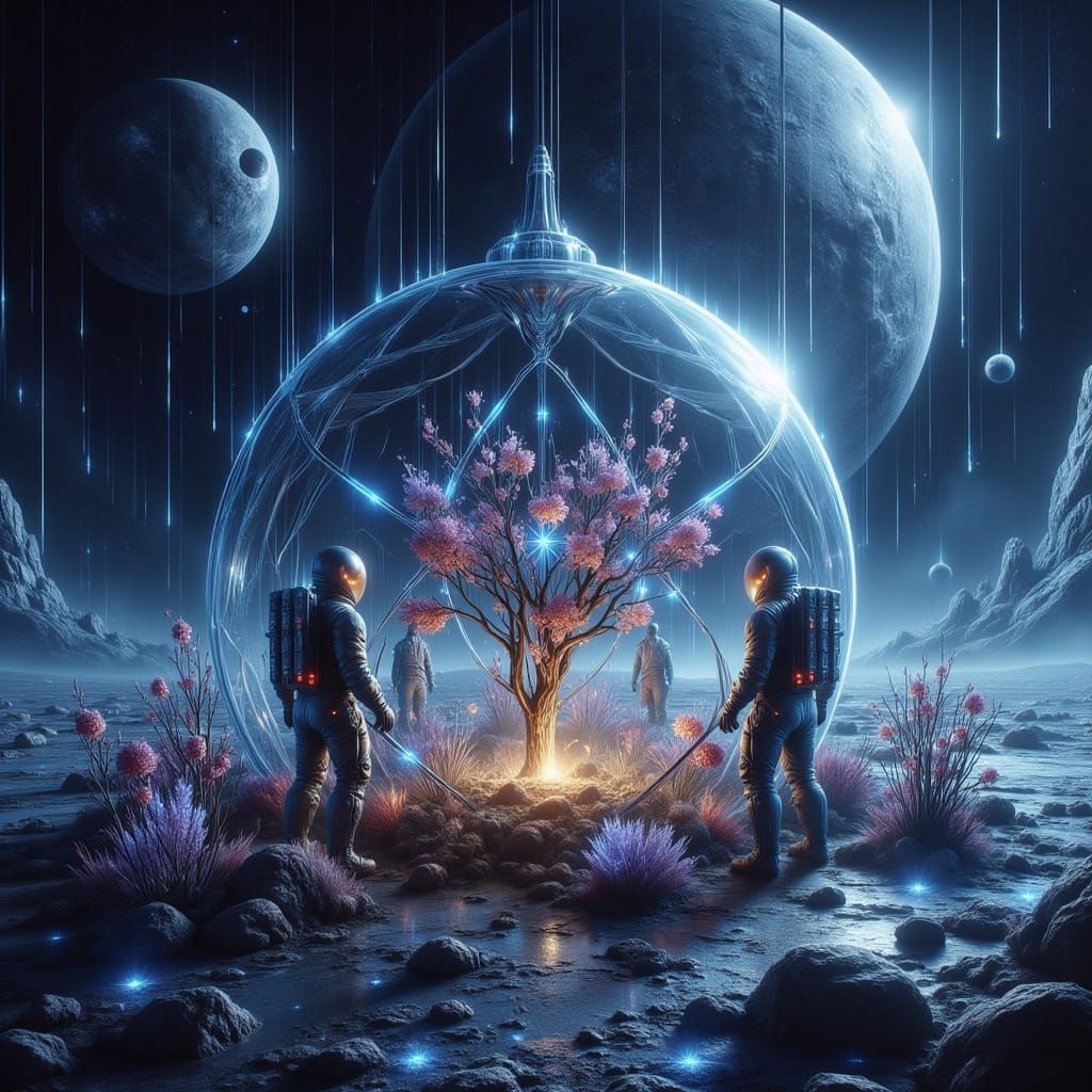 Three Astronauts Nurture Lush Flowers in Futuristic Lunar Do...