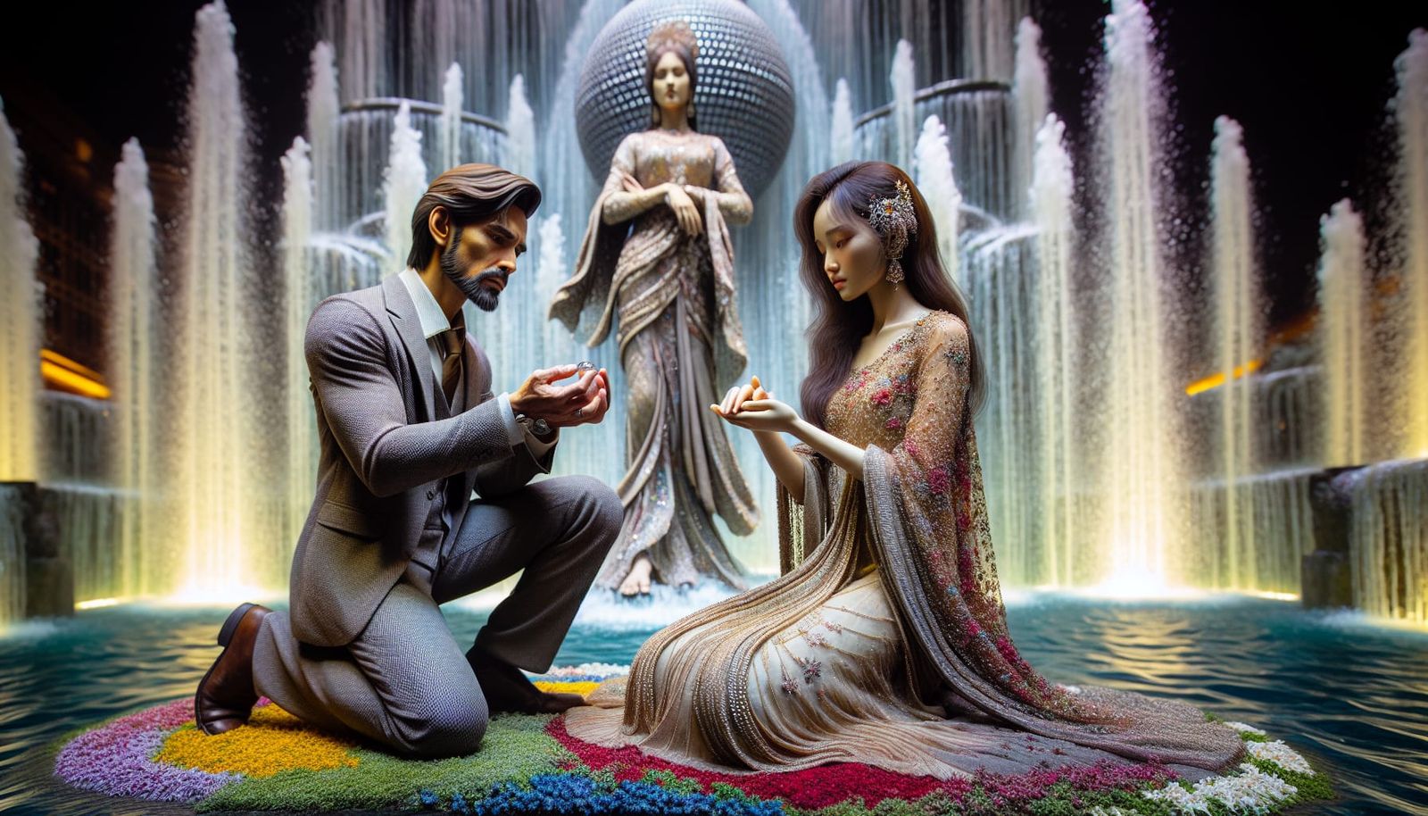 Romantic Fountain Proposal: A Detailed Photographic Scene