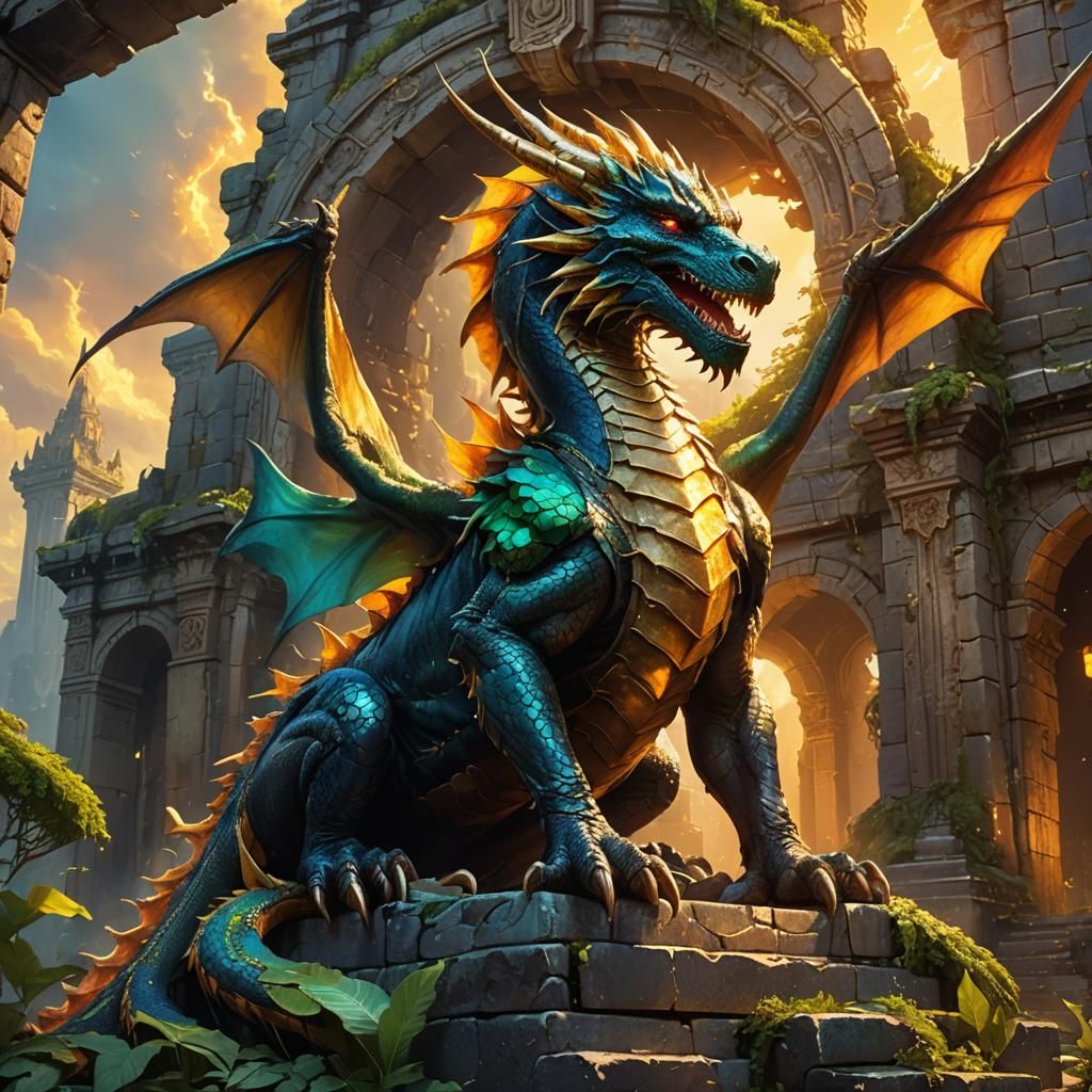 Mystical Dragon on Ancient Temple Ruins