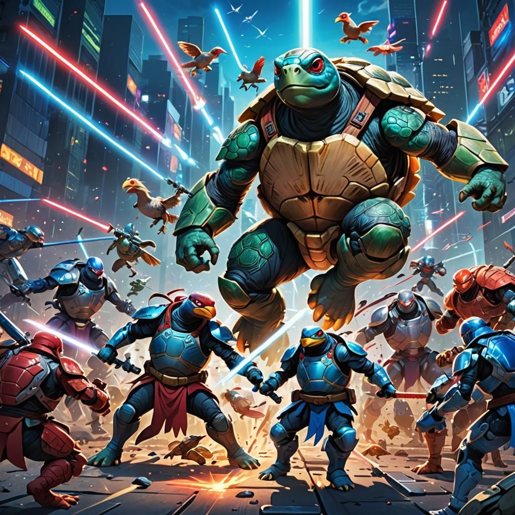 Anime Battle: Chicken and Turtle Clash with Laser Swords