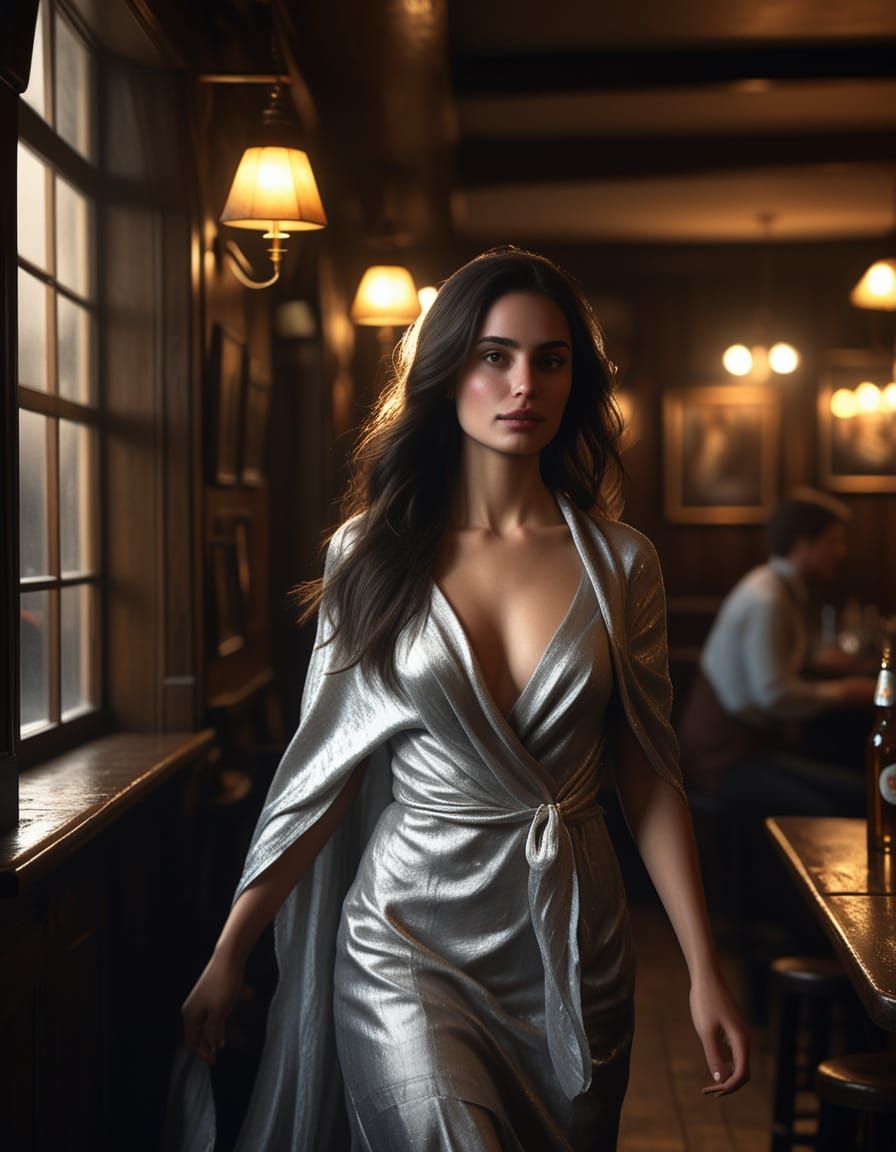 Elegant Woman in Silver Gown Walks Through Pub in Moonlight