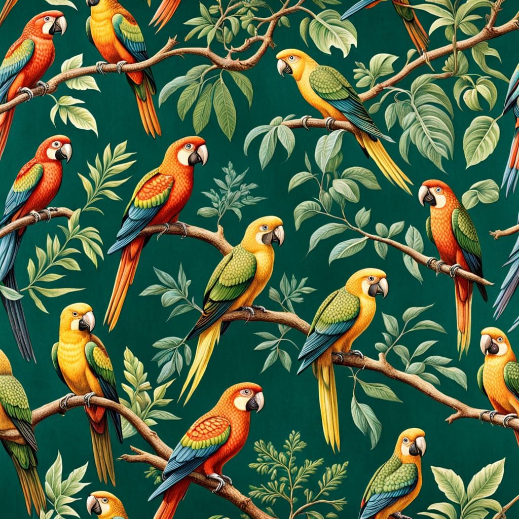 Exotic Parrots in Dreamlike Jungle Scene