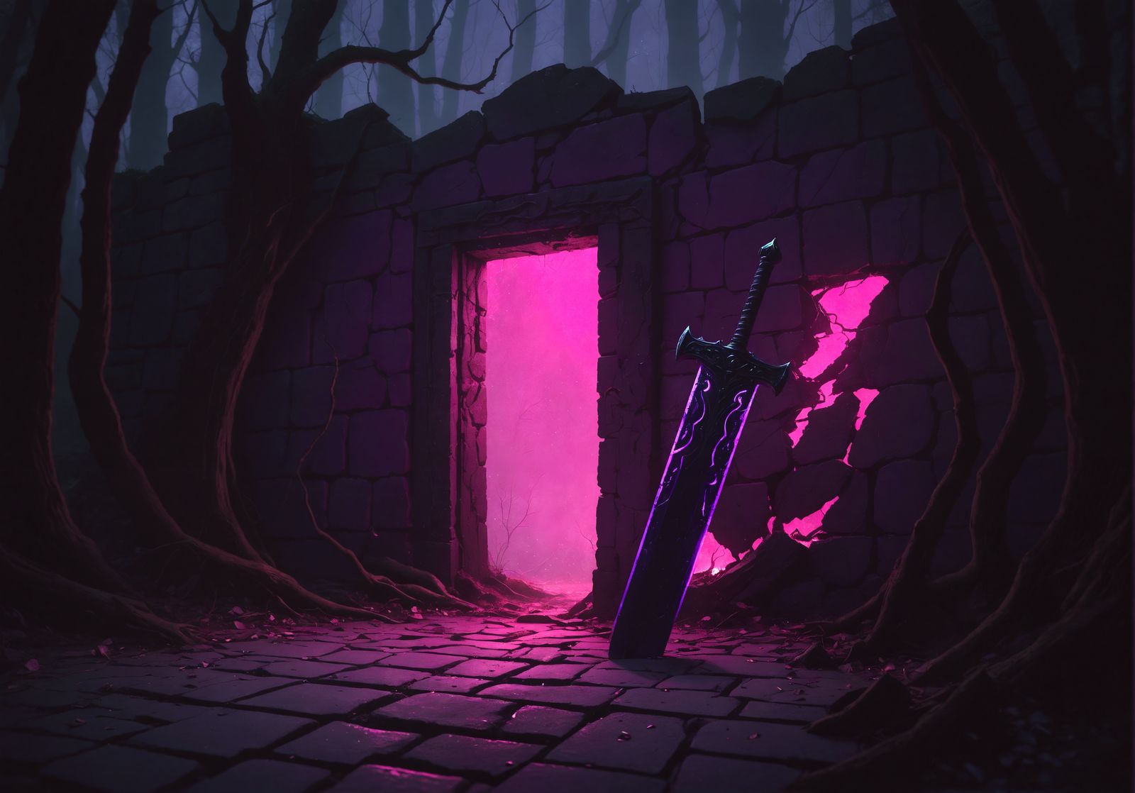 Neon Portal in Dark Fantasy Forest Painting