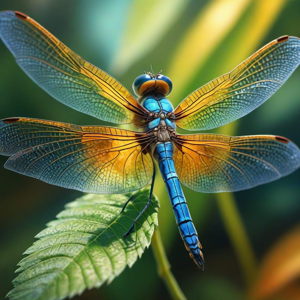 Golden Dragonfly with Iridescent Wings: Macro Photography